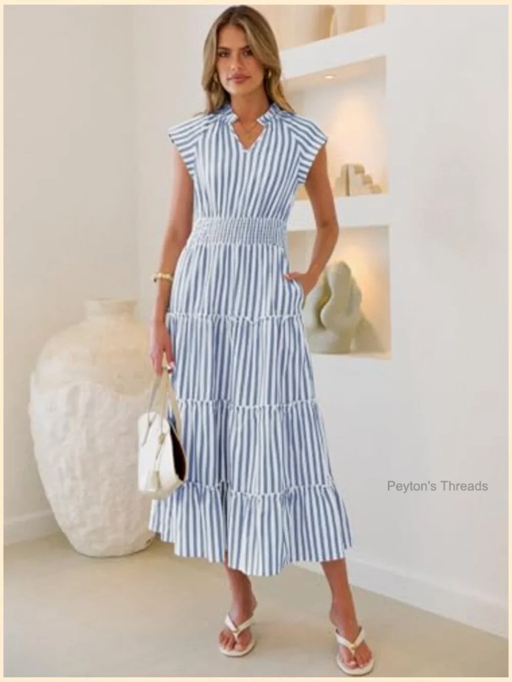 Women's Summer Maxi Dress V-Neck Cap Sleeve Gingham Striped Flowey Tiered Midi - Picture 3 of 7